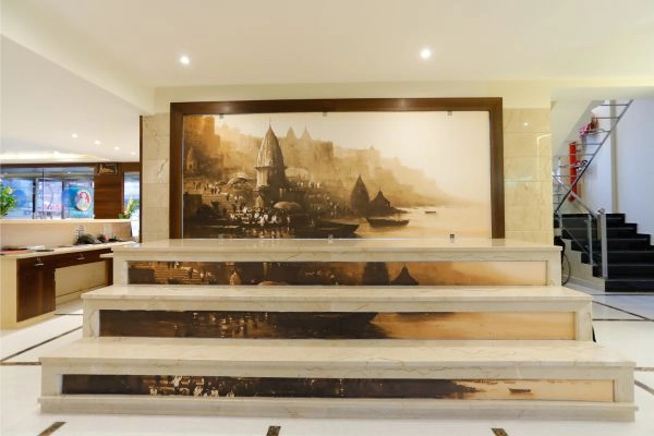 Marble Staircase Featuring Varanasi Ghats Artwork